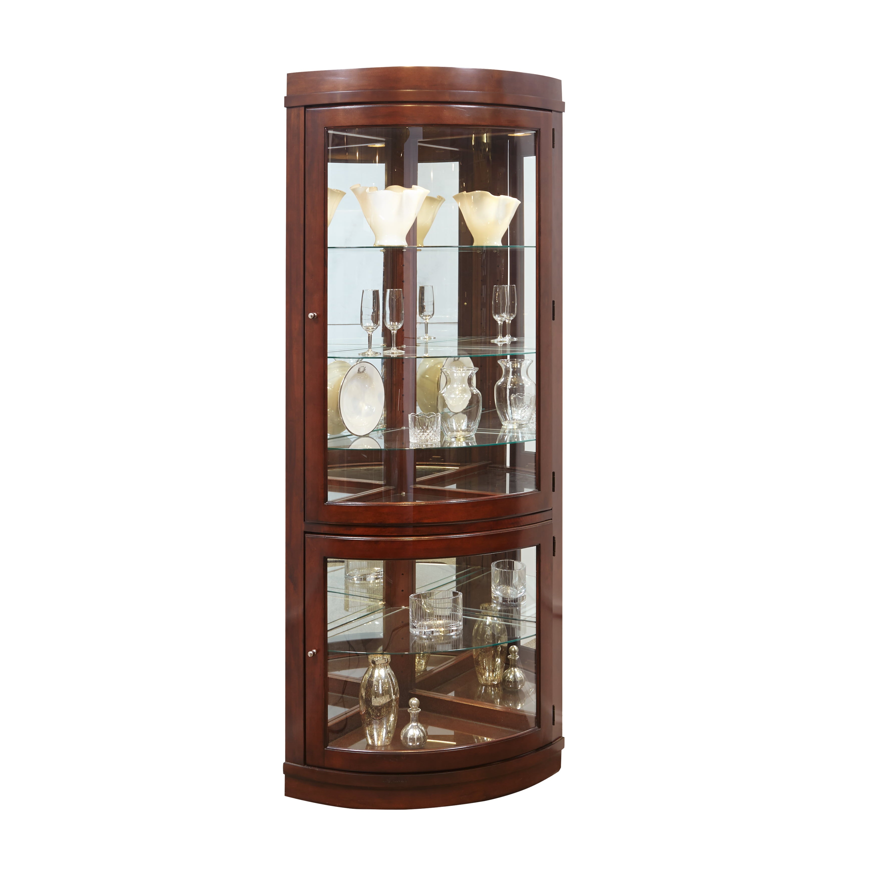 Home Meridian Curved 5 Shelf Corner Curio Cabinet in Cherry Brown