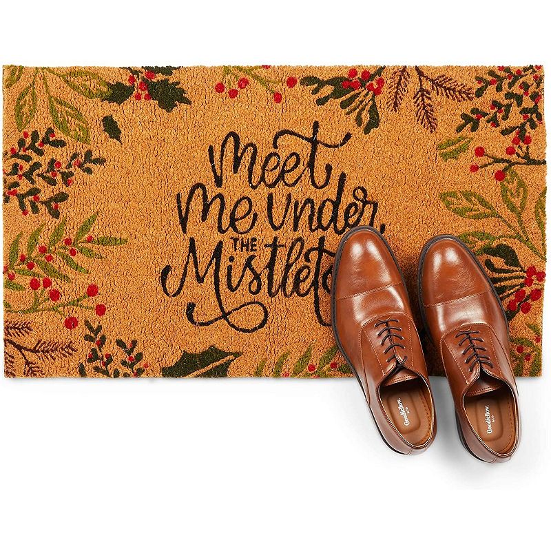 Coco Coir Christmas Doormat for Outdoor Entrance， Meet Me Under The Mistletoe， Non-Slip (17 x 30 in)