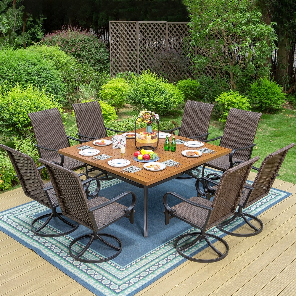 9 Piece Patio Dining Set  60 Inch Square Metal Table and 8 Rattan Dining Chairs