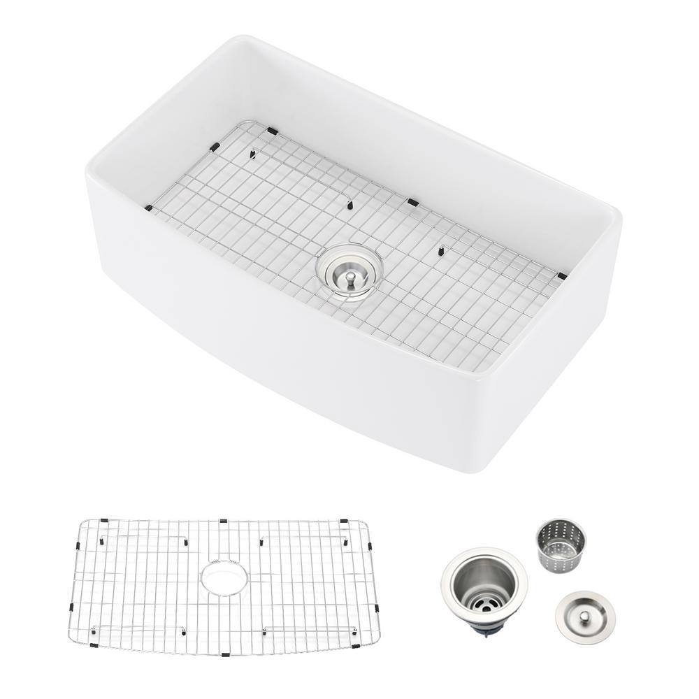 Maincraft White Fireclay 33 in. Single Bowl Farmhouse Apron Kitchen Sink with Bottom Grid HK12-2567052