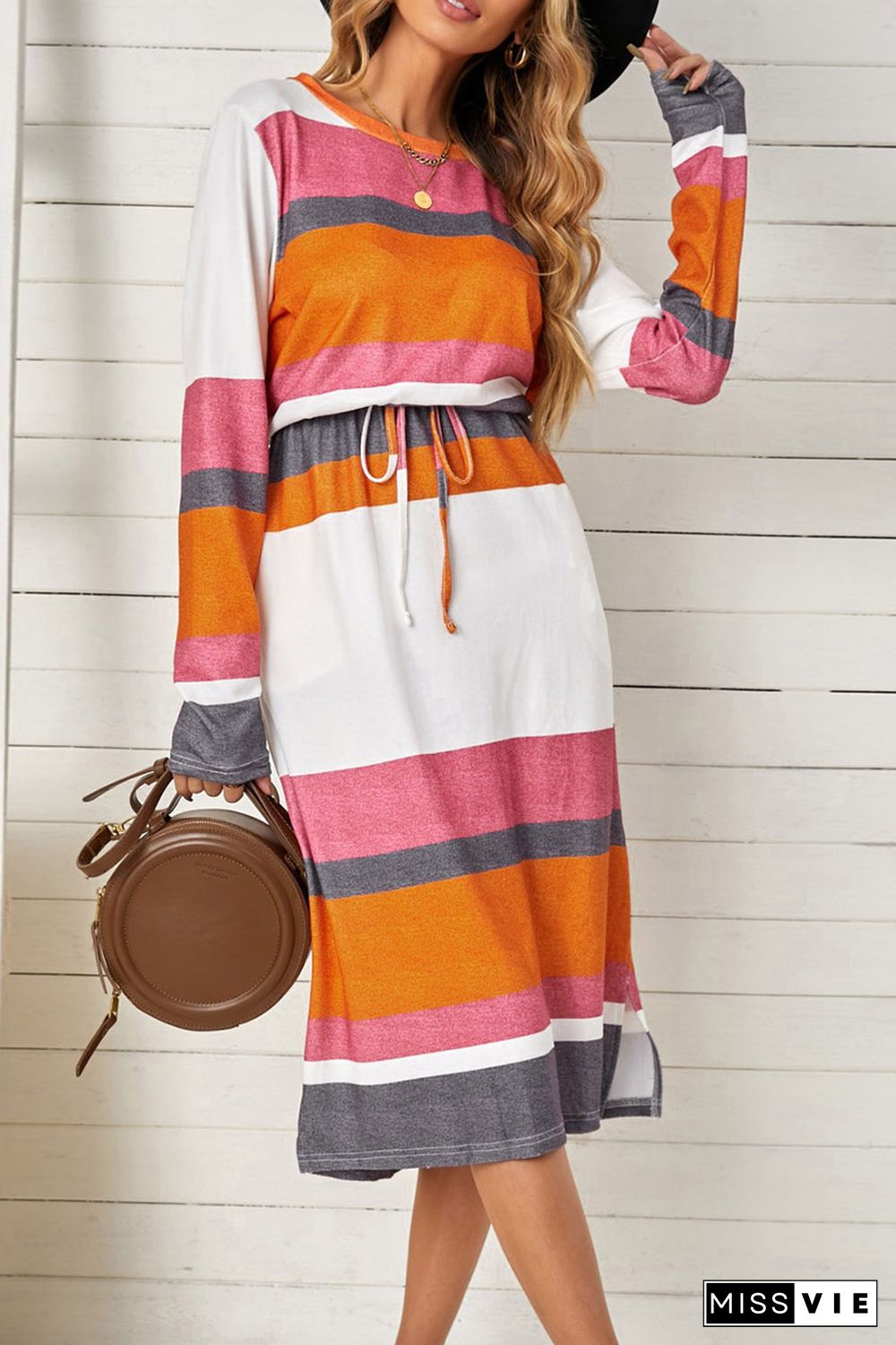 Red Multicolor Block Drawstring Waist Long Sleeve Midi Dress