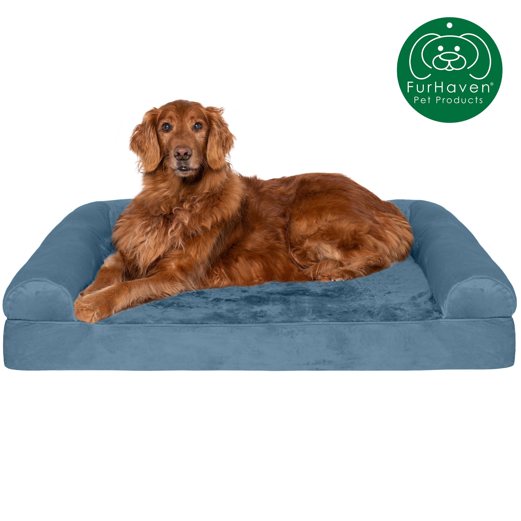 FurHaven | Orthopedic Faux Fur & Velvet Sofa Pet Bed for Dogs & Cats, Harbor Blue, Jumbo