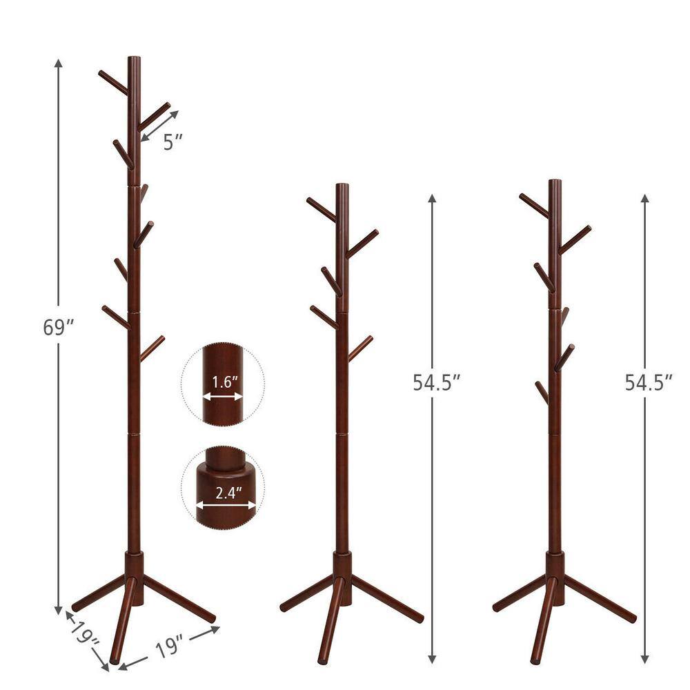 Walnut Wooden Coat Rack Stand Hall Tree Entryway Organizer 2-Heights with 8-Hooks HW65615BN