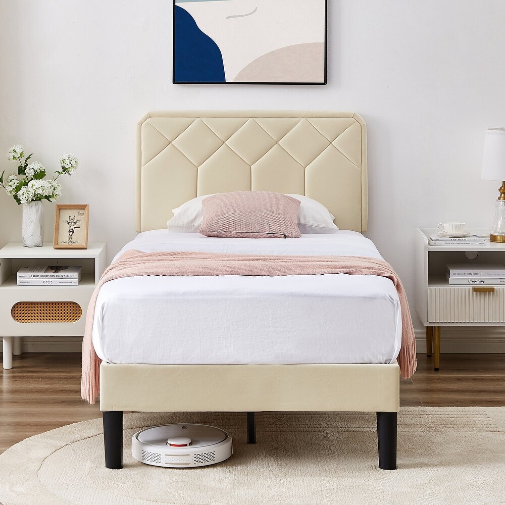 Upholstered Platform Bed Frame with Modern Adjustable Headboard  No Box Spring Needed