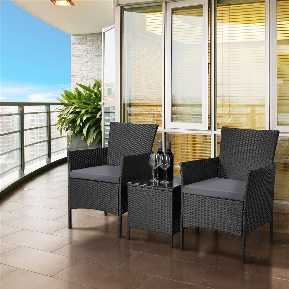 Topeakmart Set of 3 Rattan Chairs & Table Bistro Patio Porch Outdoor Garden Furniture Set Black/Grey