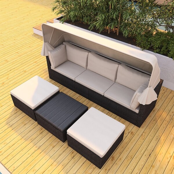 4Piece Outdoor Wicker Sectional Patio Daybed with Canopy and Ottoman