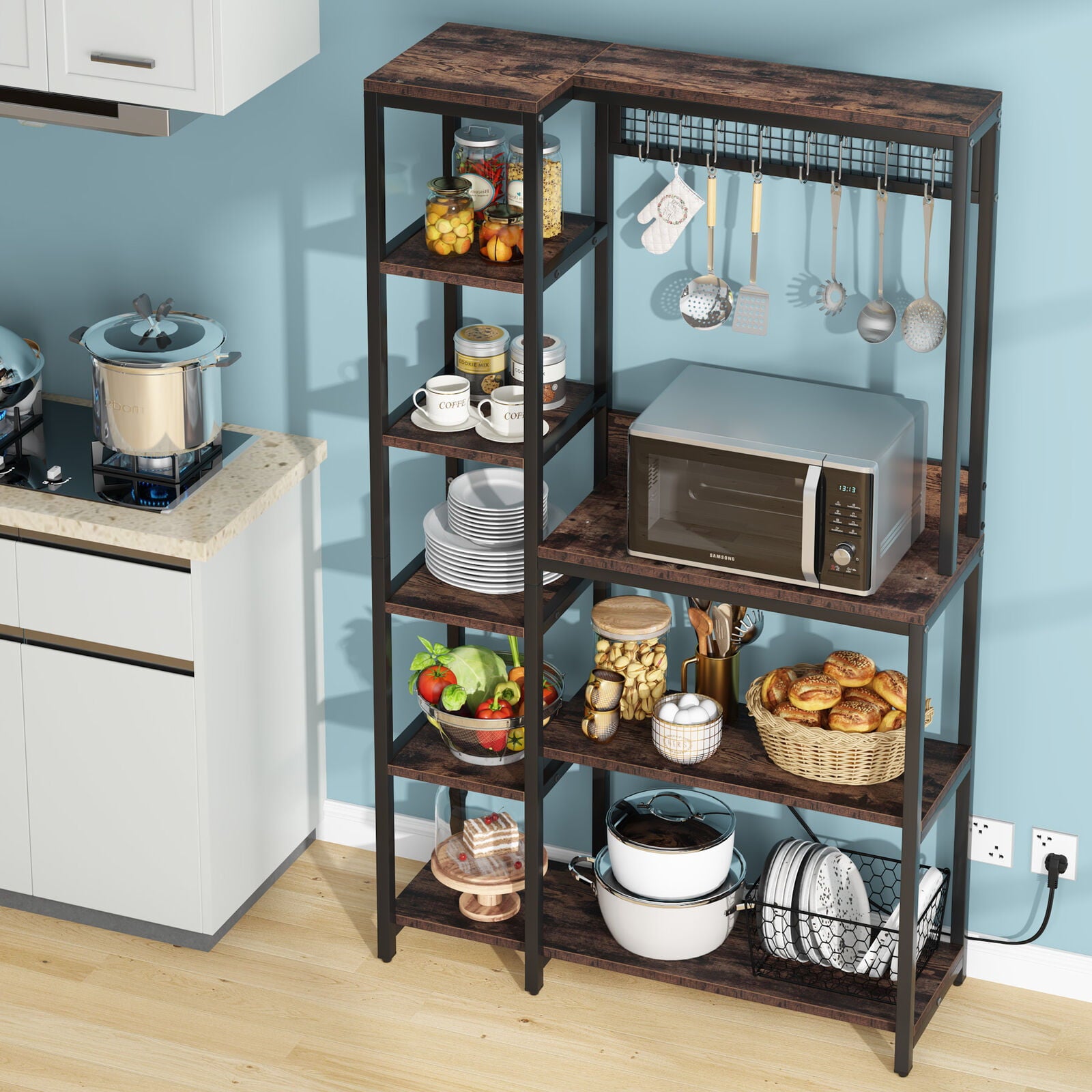 Tribesigns Kitchen Baker's Rack with Power Outlets， Freestanding 8 Tier Microwave Stand with Storage Shelf， Rustic Brown