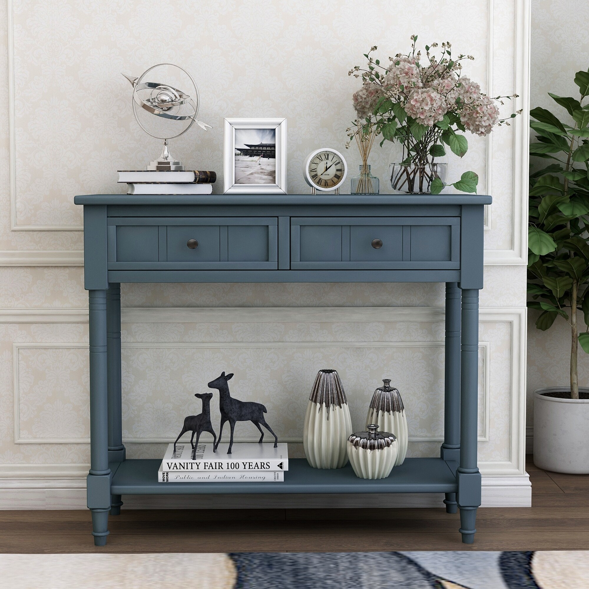 Traditional Console Table with Two Drawers， Sofa Table with Bottom Shelf