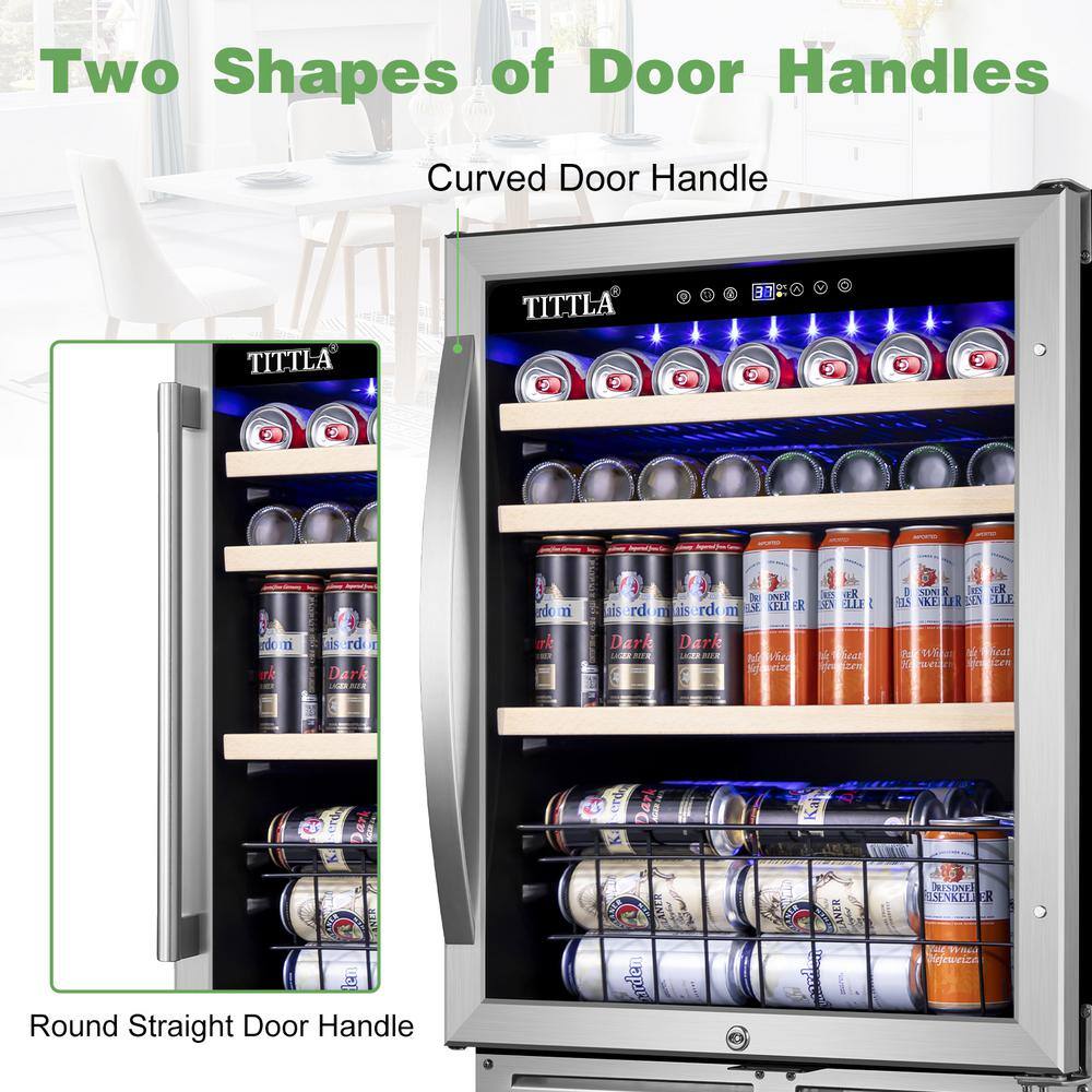 TITTLA 23.47 in. Single Zone 150-Cans Beverage Cooler in Silver Garage Ready Childproof Lock Reversible Door Hinge Blue LEDs KMBR150