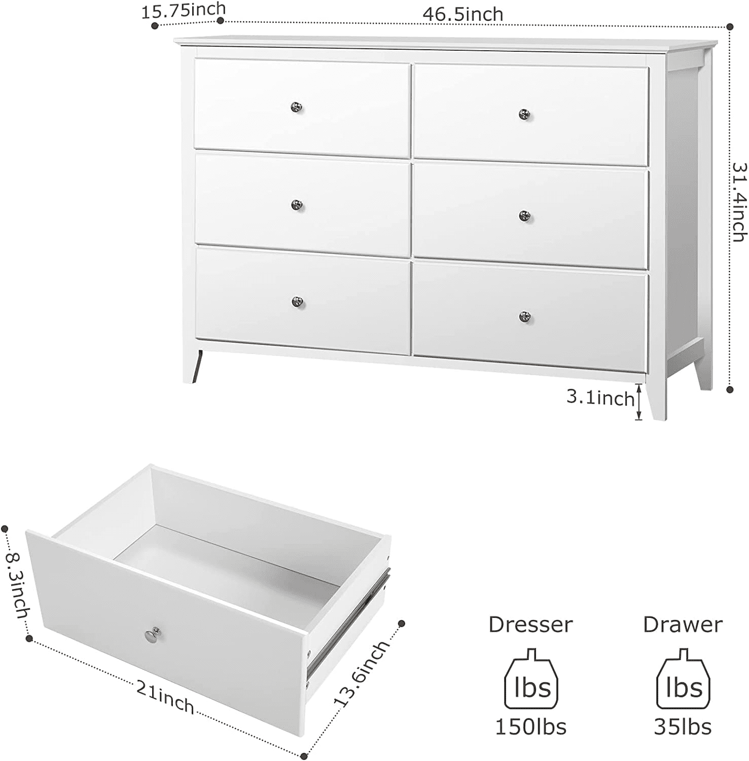 SEJOV 6 Drawers Dresser White Closets Chest Tall Nightstand Double Dresser with Gold Metal Handles Storage Containers Modern Wood Dresser for Bedroom Kids Room Living Room Nursery Hallway Office