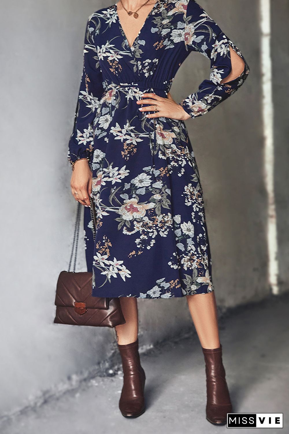 Puff Sleeve V Neck High Waist Floral Dress