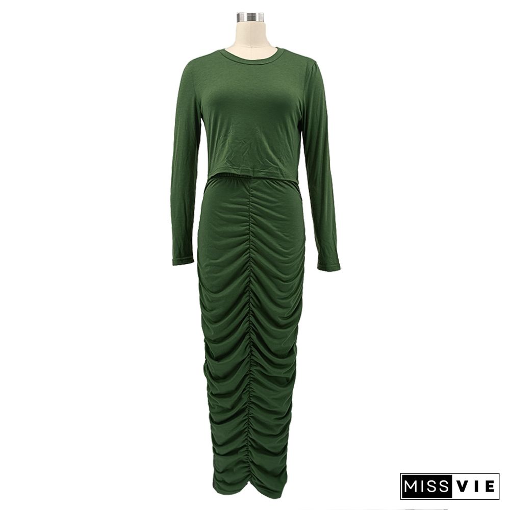 Long Sleeve Round Neck Pleated Bodycon Dress