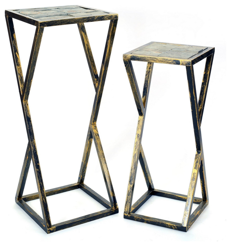 Stone Top Plant Stand With Geometric Base  Set of 2  Black and Gray   Industrial   Plant Stands And Telephone Tables   by VirVentures  Houzz