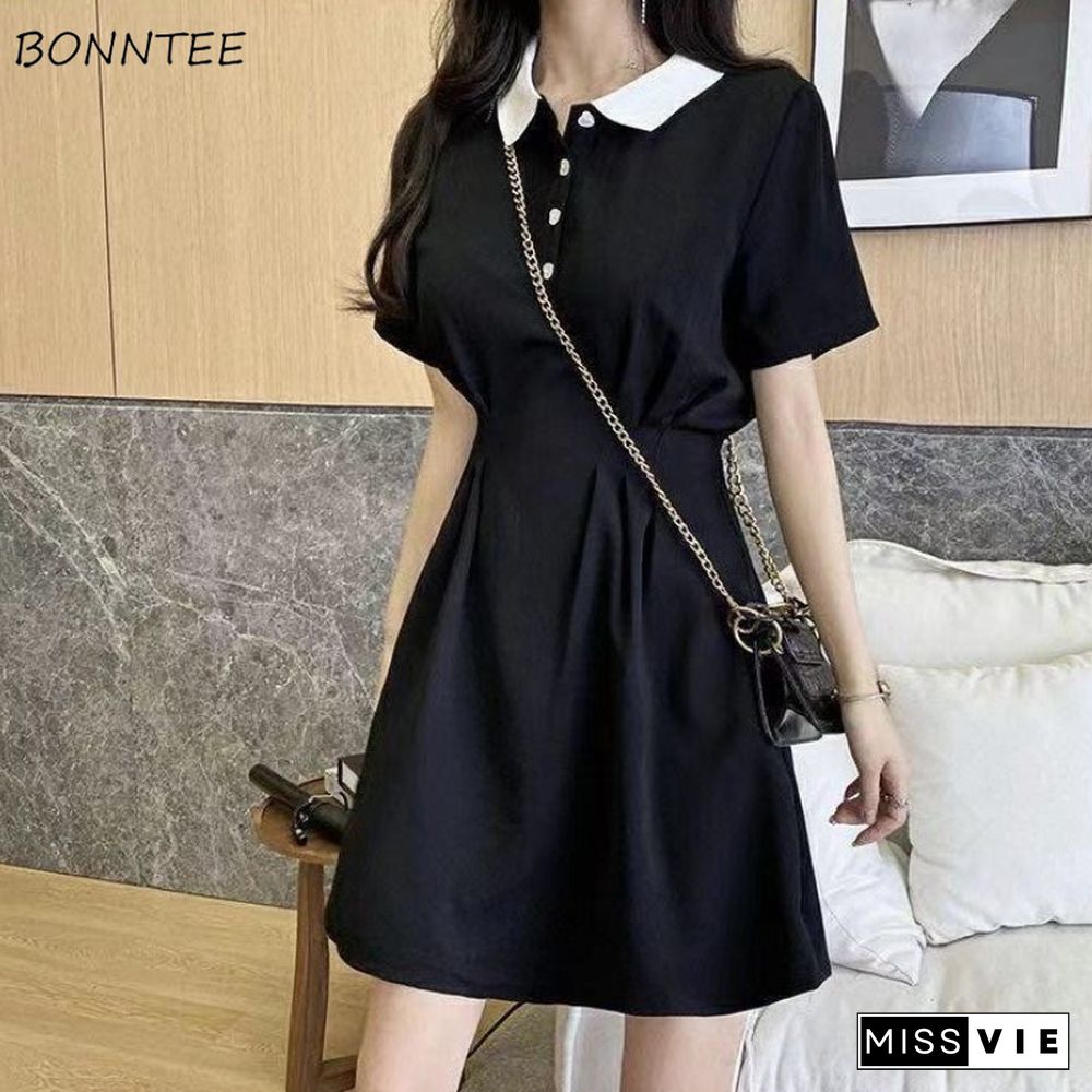 Short Sleeve Dress Women Ins Empire Simple Black Basic Summer Trendy Preppy Girls Clothing Leisure A-Line Mujer Vestido Retro