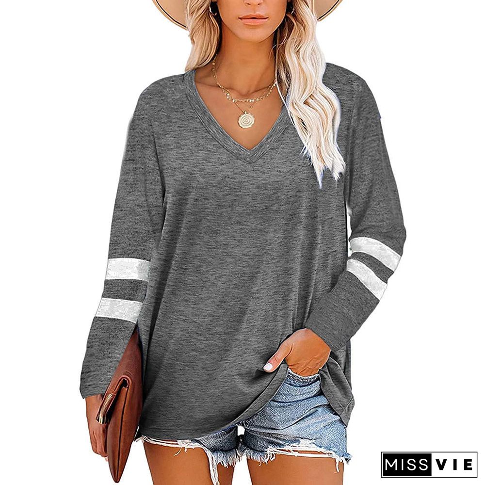 Women's Color V-neck Striped Stitching Long-sleeved Loose Blouses