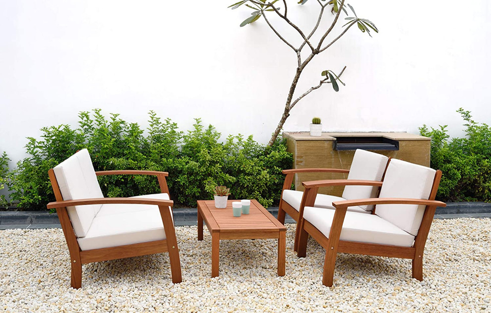 4 Pieces Patio Set  Eucalyptus Wood Frame With Cushioned Seat and Back   Farmhouse   Console Tables   by Declusia  Houzz