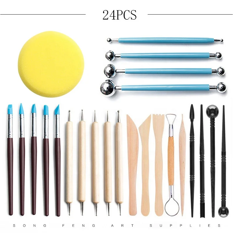 Clay Tools 24pcs Polymer Modeling Clay Sculpting Pottery Air Dry Clay Ball Stylus Dotting Rock Painting Kit Sculpture Tools Set