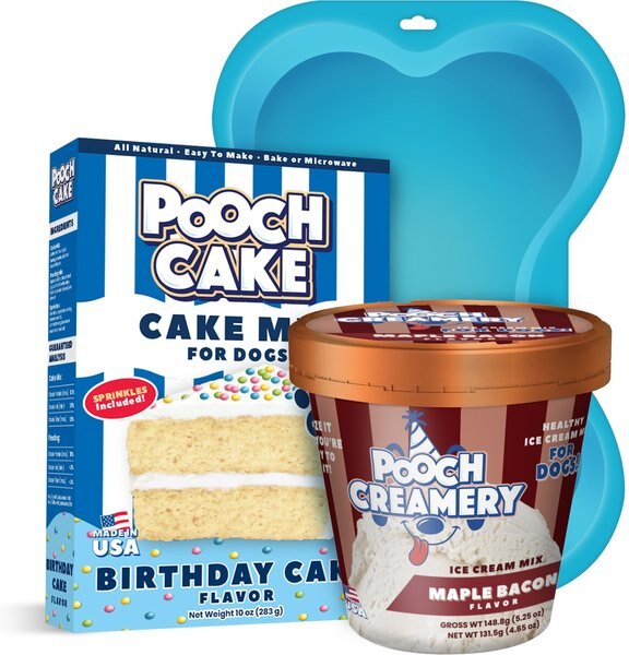 Pooch Cake Basic Starter Plus Birthday Cake Mix w/Cake Mold Kit and Pooch Creamery Maple Bacon Ice Cream Dog Treat， 10-oz box