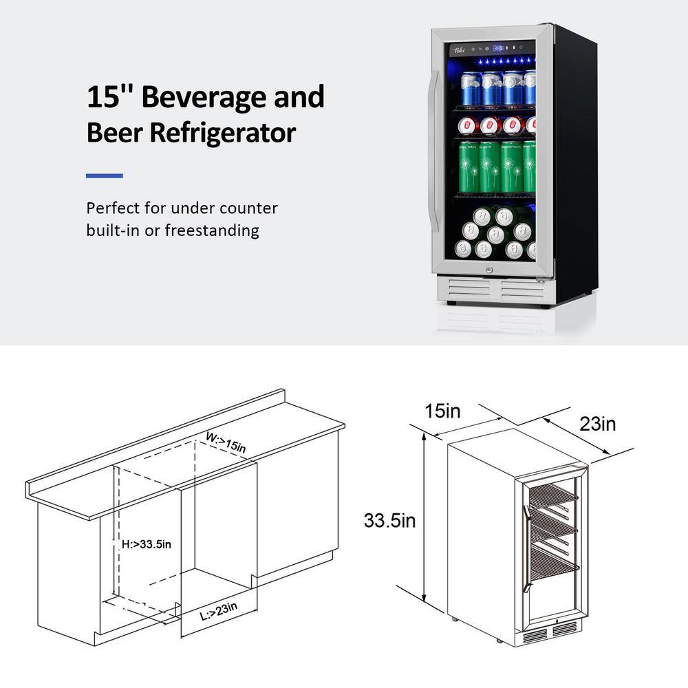 Velivi 15 in. 127 (12 oz.) Can Freestanding Beverage Cooler Fridge with Adjustable Shelves in Stainless Steel KMYL100HD