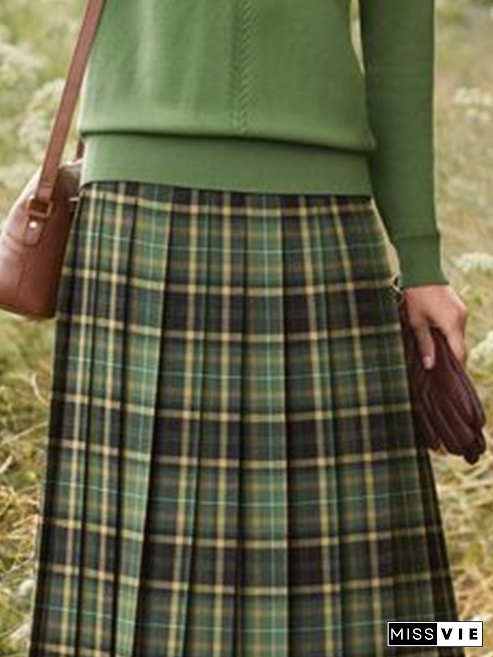 Green Plaid Printed Vintage Casual A-line Skirt