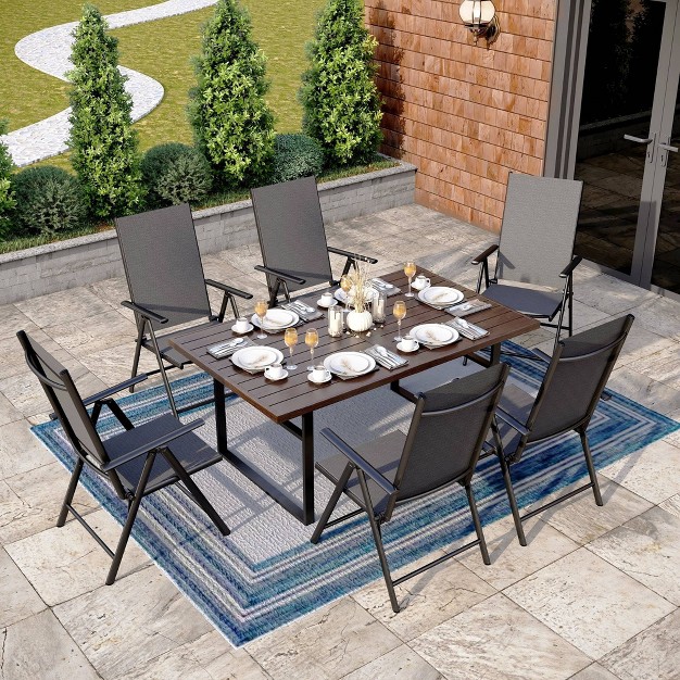 7pc Patio Dining Set With Faux Wood Rectangular Table With Umbrella Hole amp Folding Reclining Chairs Captiva Designs