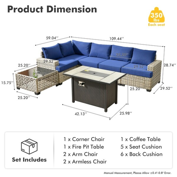 OVIOS 7 Pieces T shaped Seat Wide Armrest Set With SolarPowered Coffee TableandFire Pit