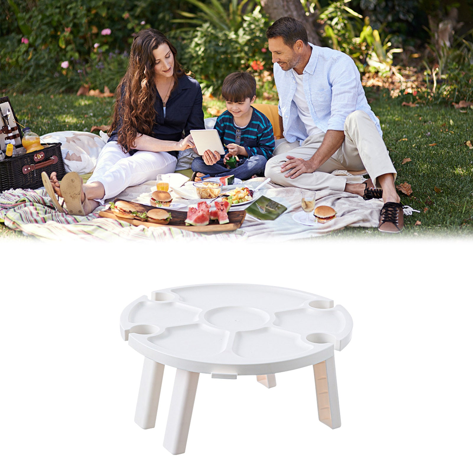 MEGAWHEELS Folding Picnic Table Outdoor Wine Table Folding Picnic Desk White Pink Portable Small Picnic Desk Round Wine Glass Rack Cheese Ho