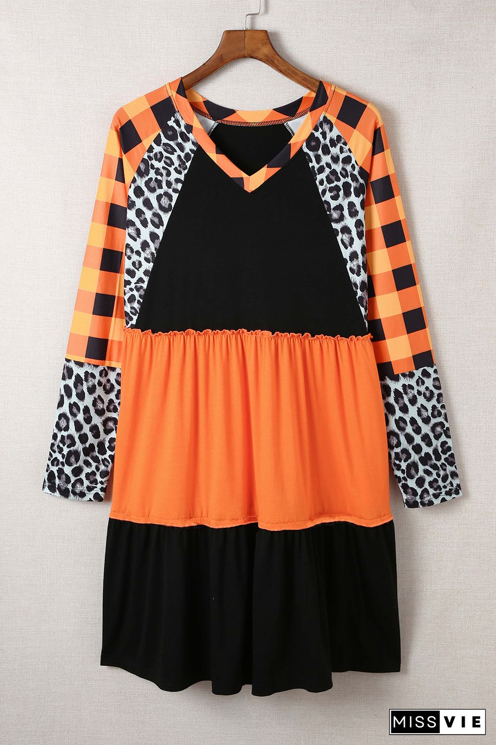 Orange Leopard Plaid Ruffled Long Sleeve Mini Dress