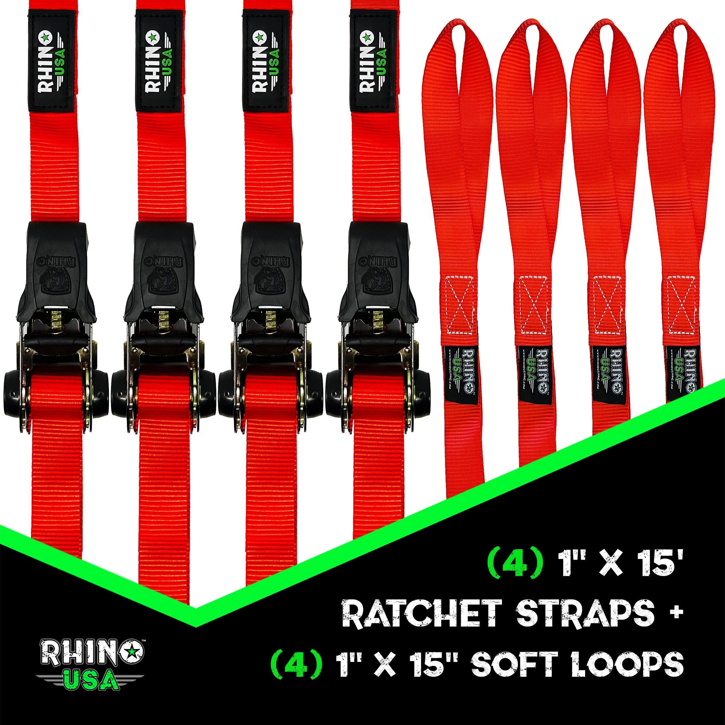 Rhino USA 1" x 15' Ratchet Tie-Down Set (4-Pack), Green