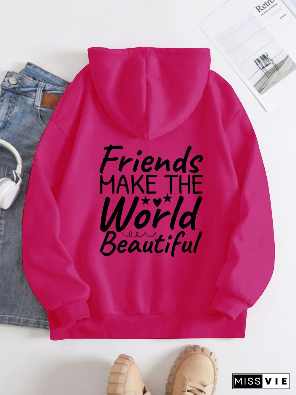 Printed on the Back Kangaroo Pocket Hoodie Long Sleeve for Women Pattern Friends Make the World Beautiful