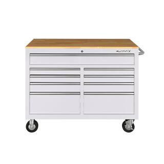 Husky 46 in. W x 24.5 in D Standard Duty 9-Drawer Mobile Workbench Tool Chest with Solid Wood Top in Gloss White HOTC4609BJ6M