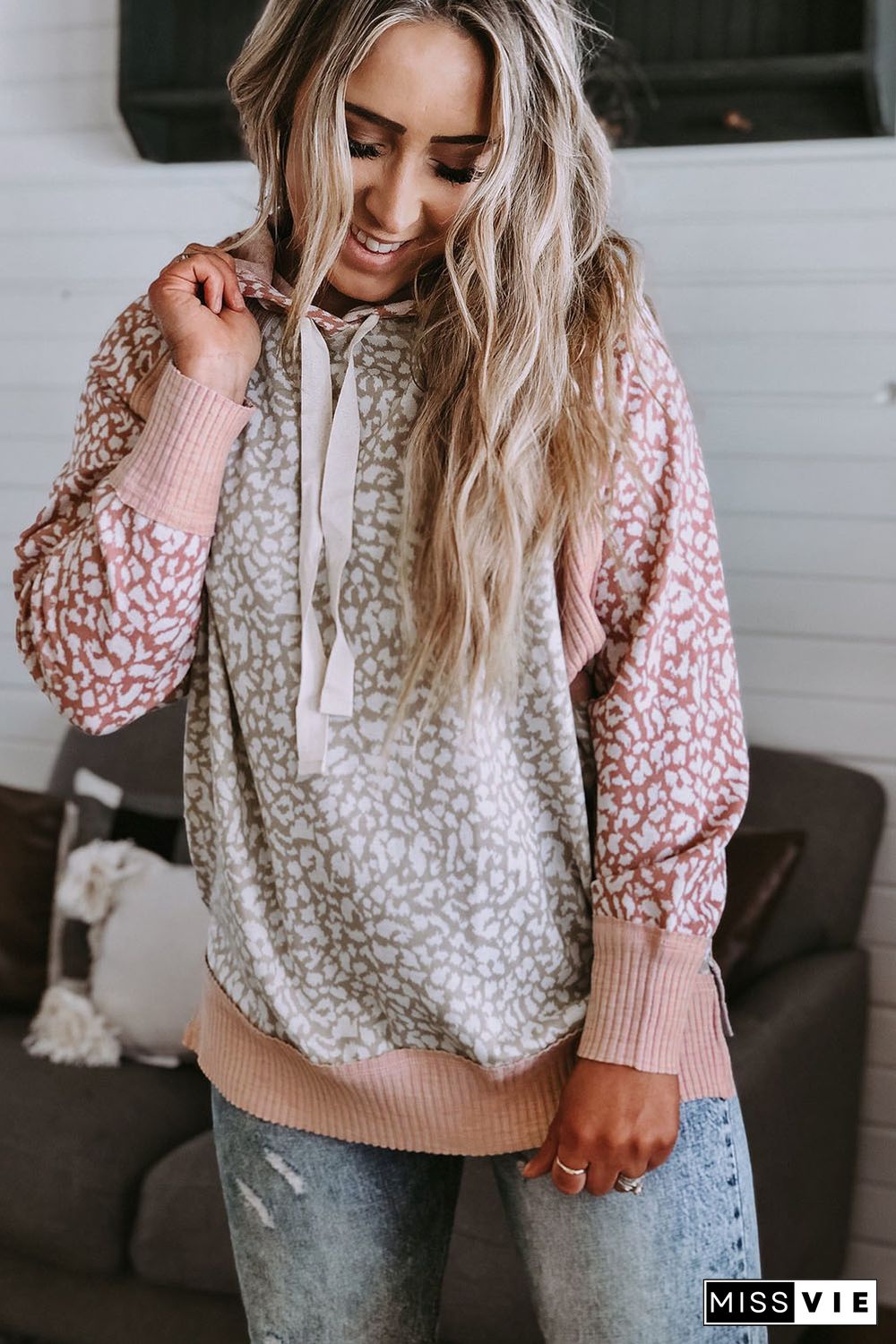 Pink Leopard Long Sleeve Hooded Sweatshirt