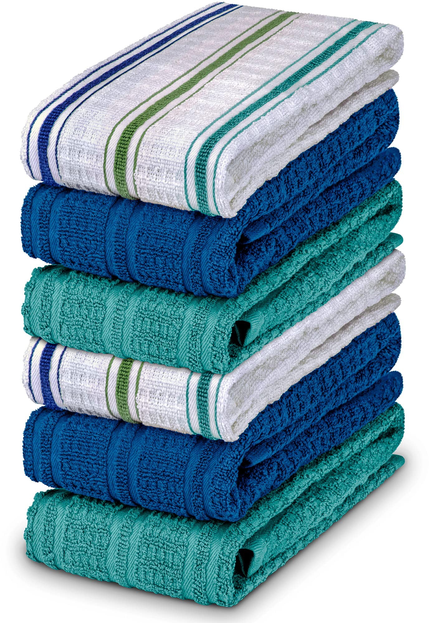 DecorRack 6 Kitchen Towels， 100% Cotton， 16 x 27 inches， White， Navy Blue and Teal， 6 Pieces