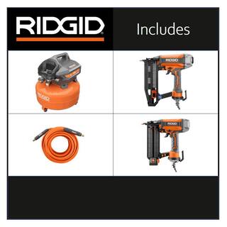 RIDGID 6 Gal. Compressor with 50 ft. Lay Flat Hose and 18-Gauge Brad Nailer with 16-Gauge Straight Finish Nailer OF60150HB-R5025LF-R692BFFN