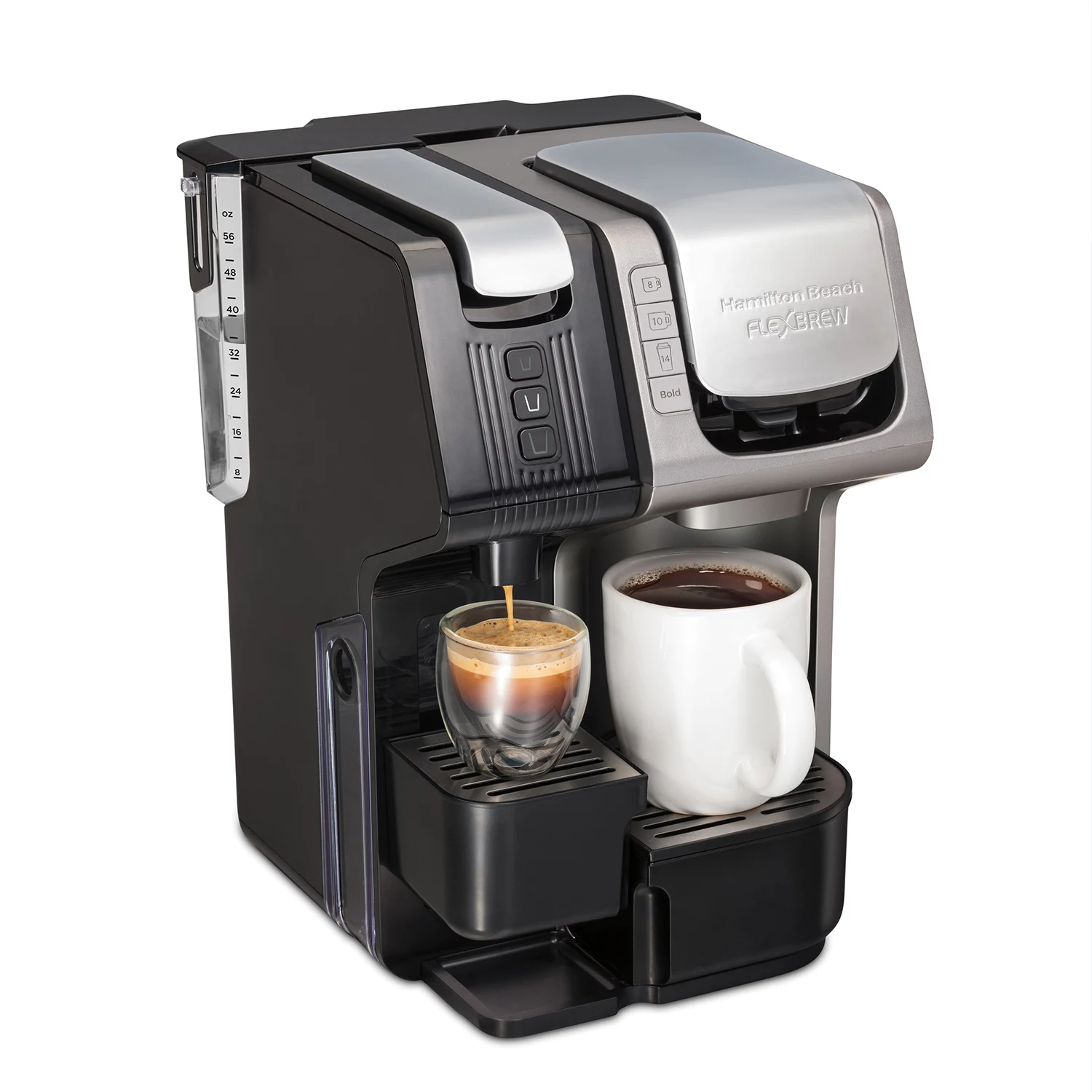 Hamilton Beach FlexBrew Trio 2-Way Coffee Maker， Compatible with K-Cup Pods or Grounds， Combo， Single Serve and Espresso Machine with 19 Bar Pump， 56 oz. Removable Reservoir， Black