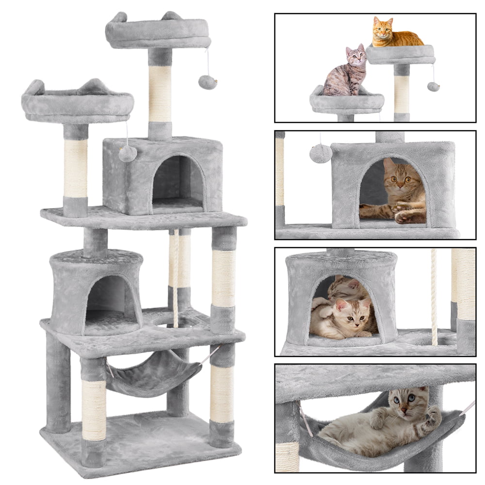 SMILE MART 62.2" Double Condo Cat Tree and Scratching Post Tower, Light Gray