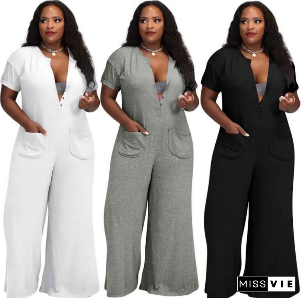 Solid Short Sleeve Loose Plus Size Wide Leg Jumpsuit