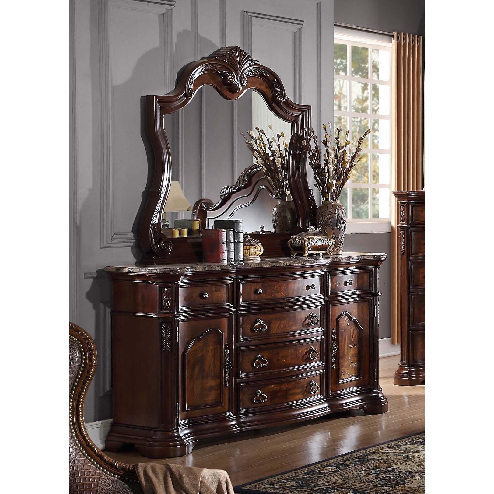 Best Master Furniture Traditional Walnut 6-Drawer Dresser and Mirror - - 12376542