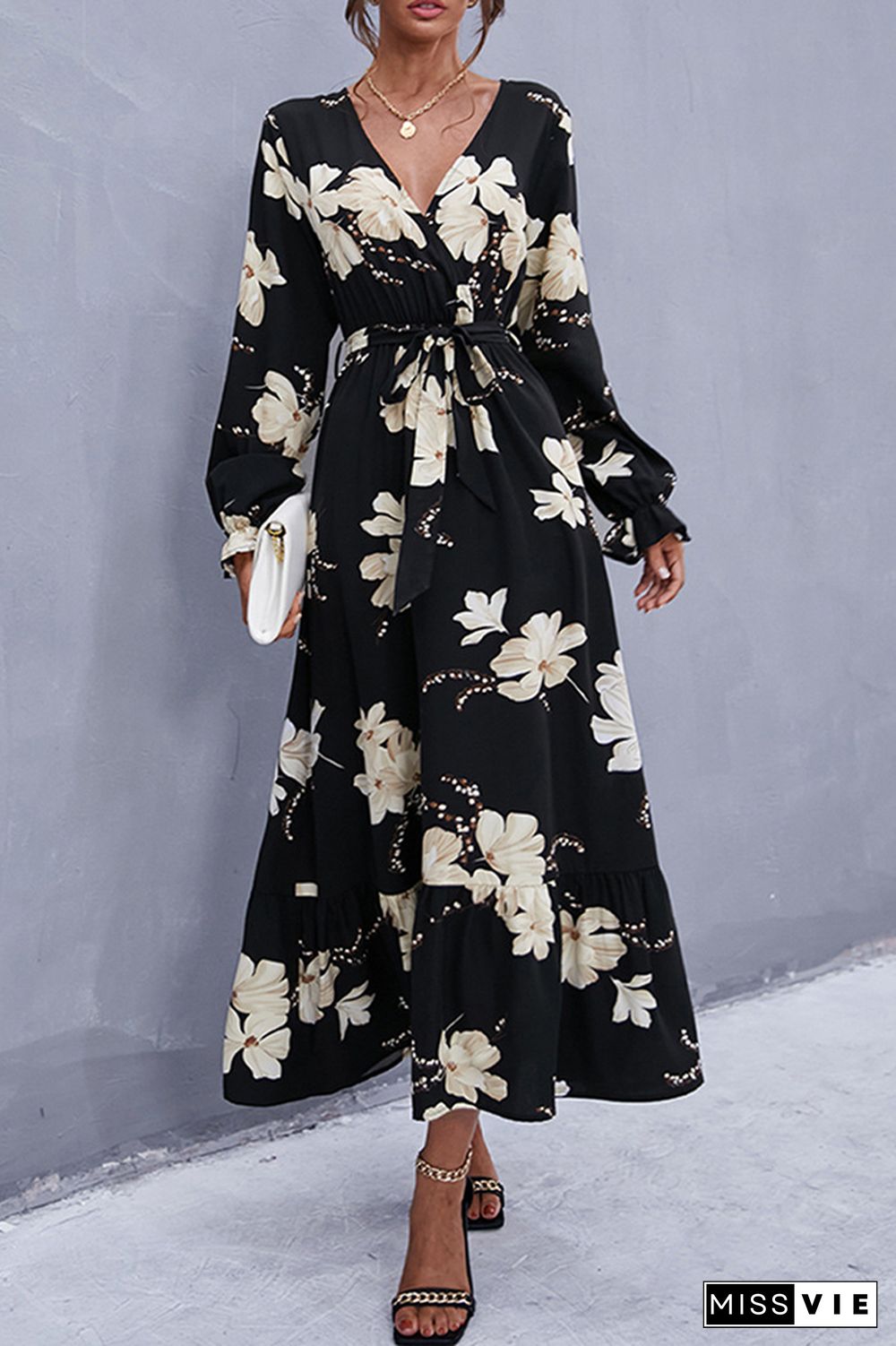 Surplice V Neck Floral Maxi Dress