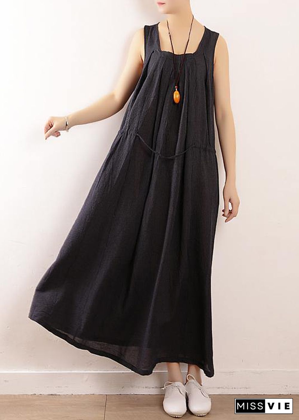 Elegant dark blue linen cotton Robes Fine Sewing Sleeveless drawstring Maxi Summer Dresses