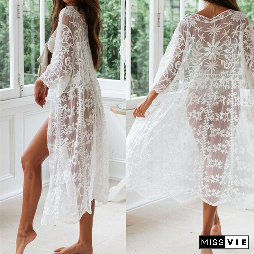 Fashion Embroidery Dress Summer Women Lace Long Maxi Dress Beach Ladies Dresses White Floral Lace Evening Party Dresses Sundress