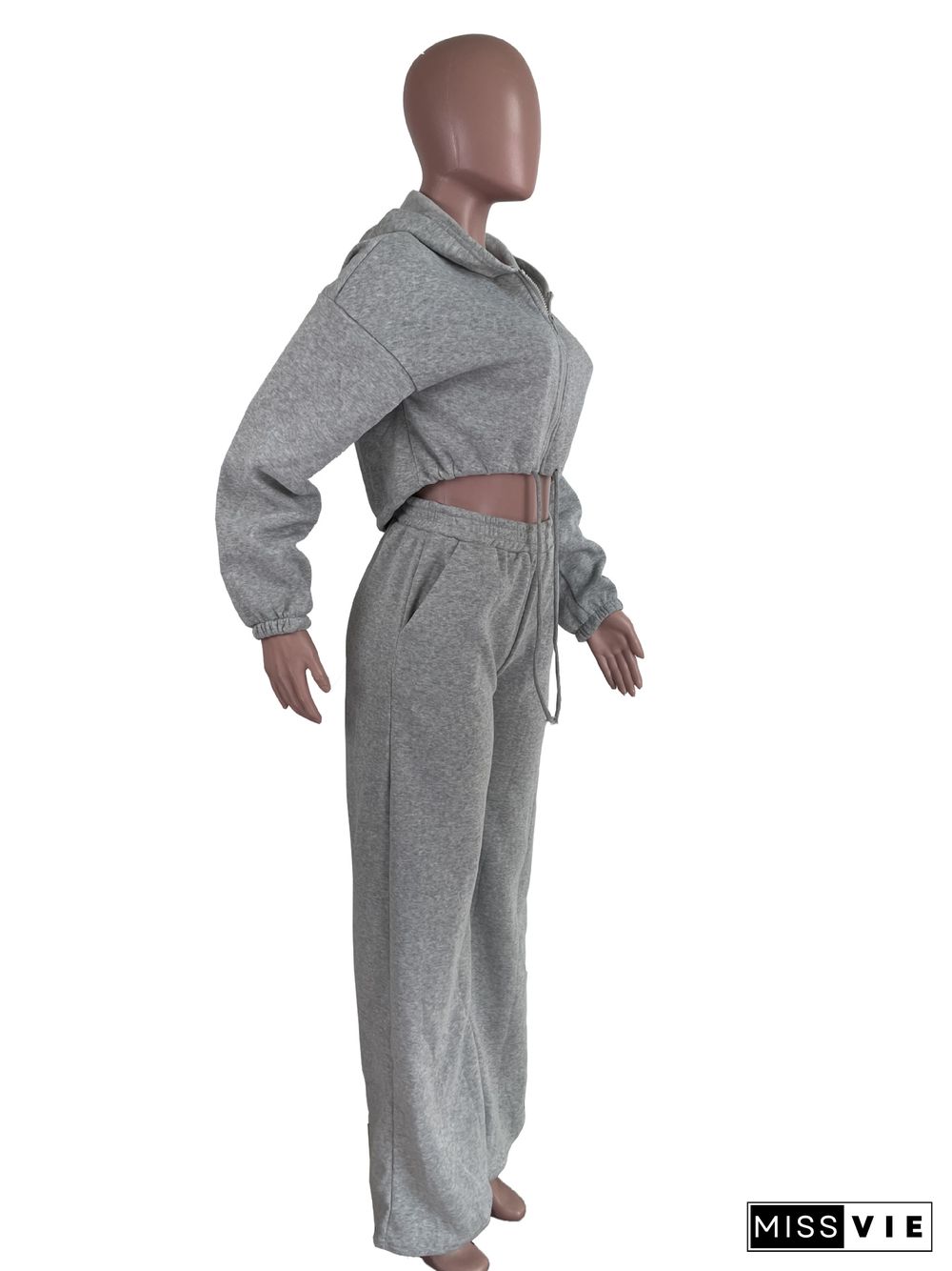 Zipper Hoodies Crop Top Wide Leg Pant Tracksuit