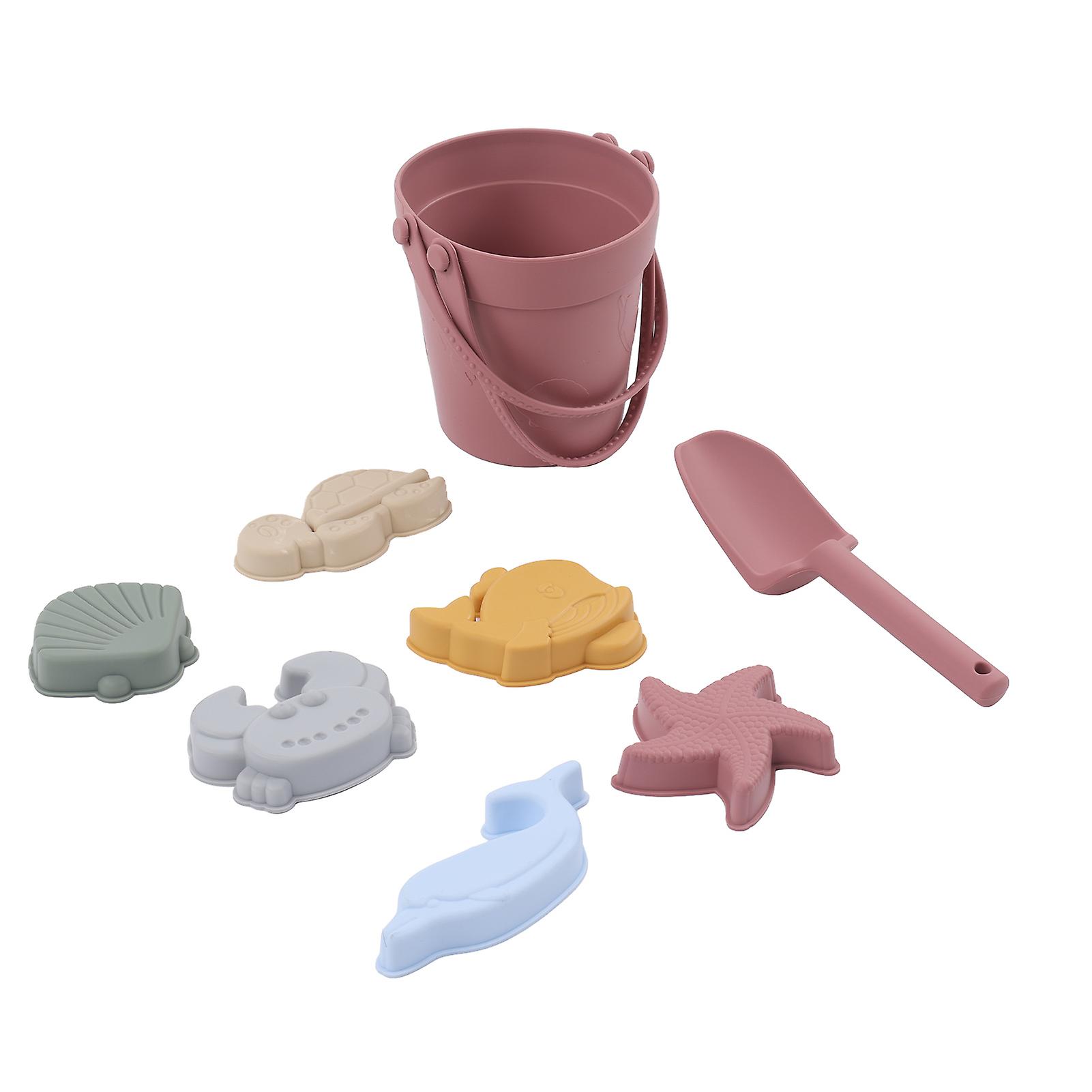 Silicone Beach Toys Baby Sand Play Toys Set Includes Silicone Bucket Animal Model Sand Shovel Stringbrick Red