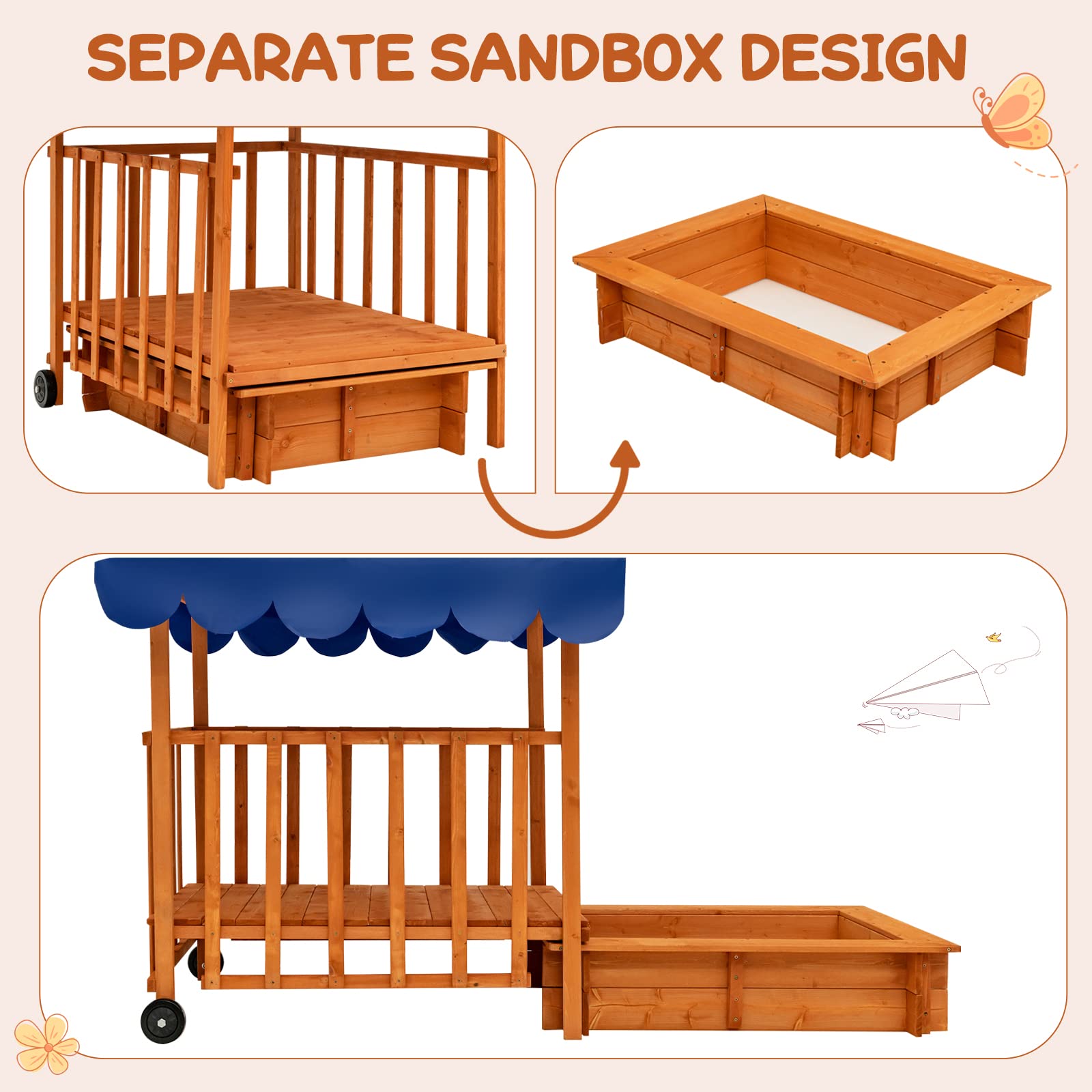 Costzon Kids Retractable Sandbox with Canopy, with Large Play Area, Rear Wheels, Guardrails, Children Outdoor Playset