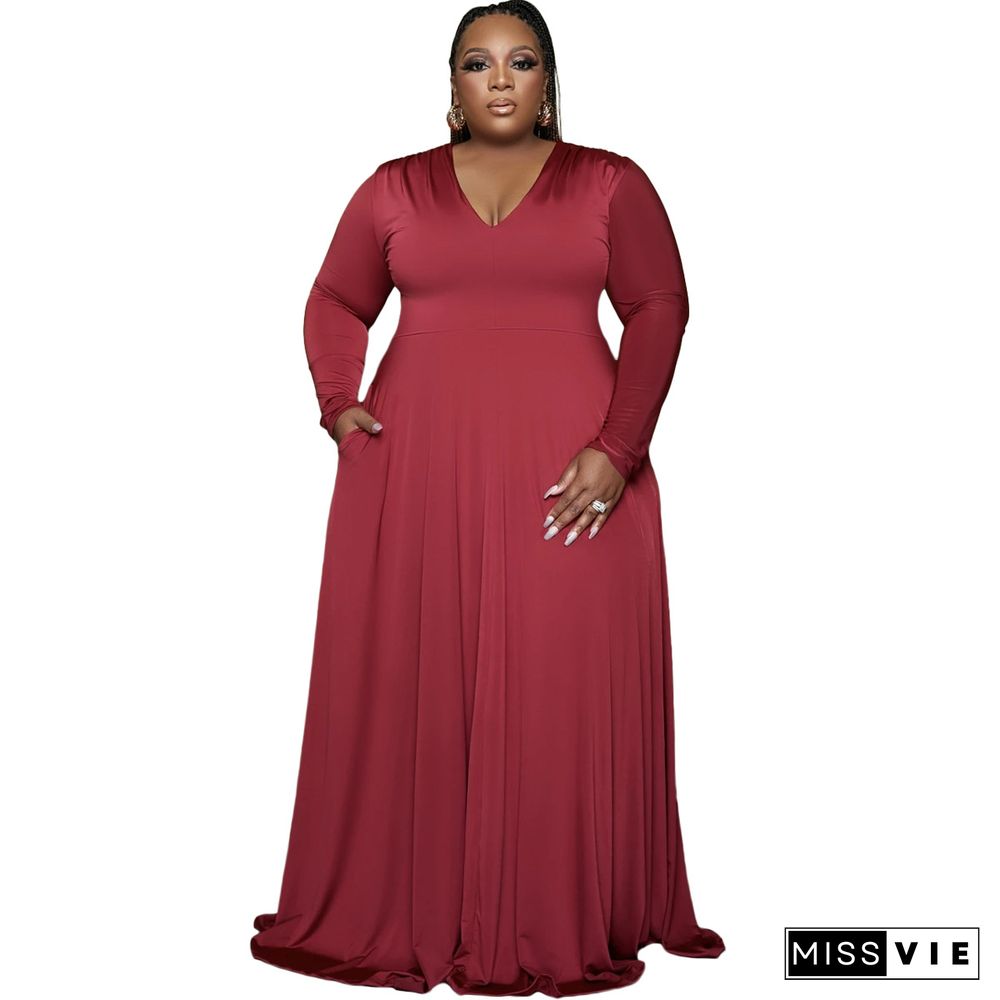 V Neck Long Sleeve Big Hem Plus Size Dress