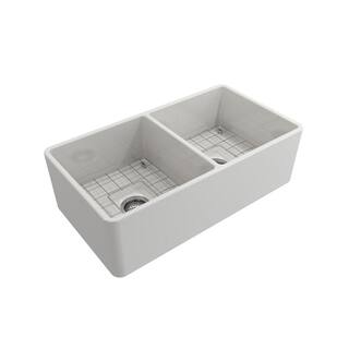 BOCCHI Classico Farmhouse Apron Front Fireclay 33 in. Double Bowl Kitchen Sink with Bottom Grid and Strainer in White 1139-001-0120