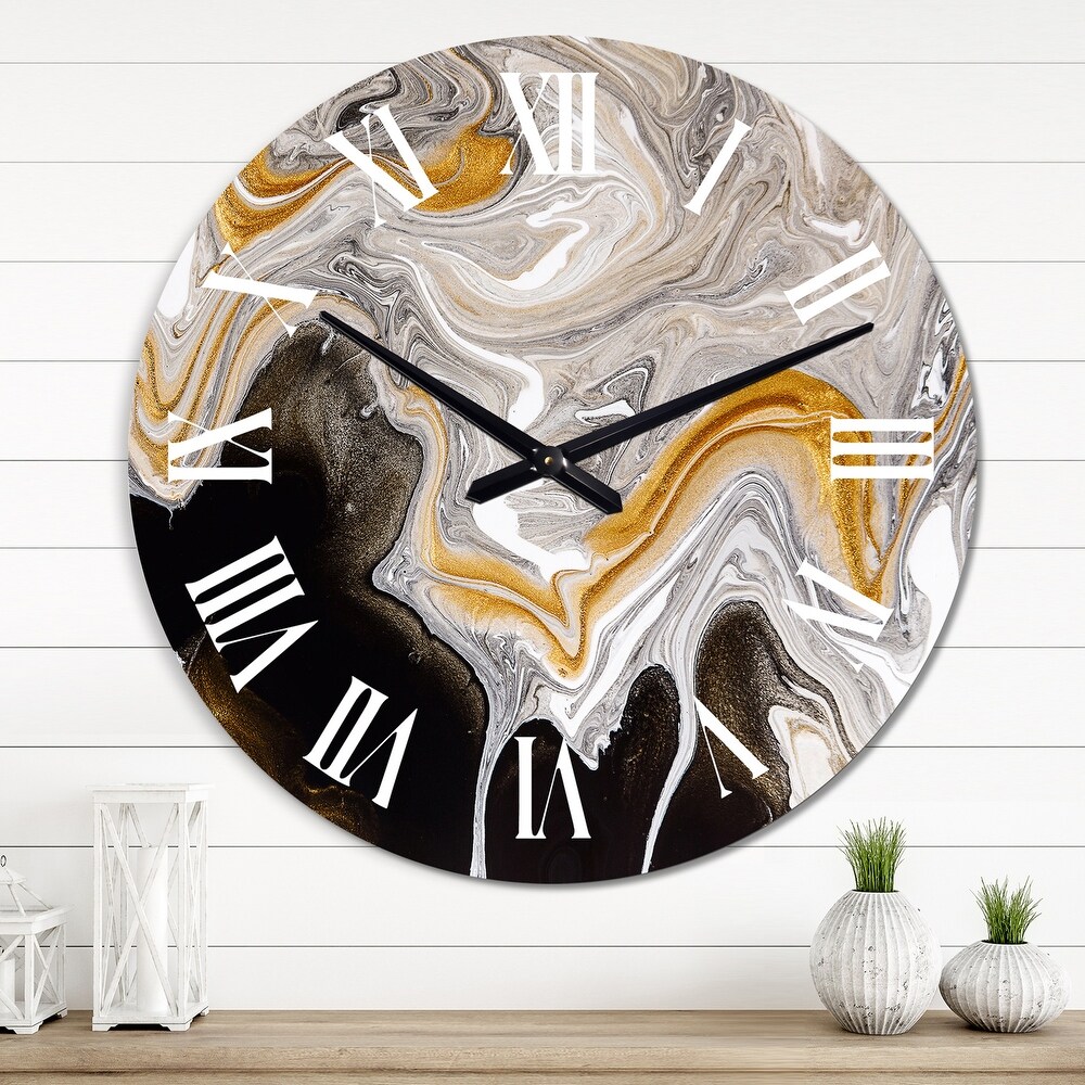 Designart 'Black And White Liquid Marble Waves IV' Modern wall clock