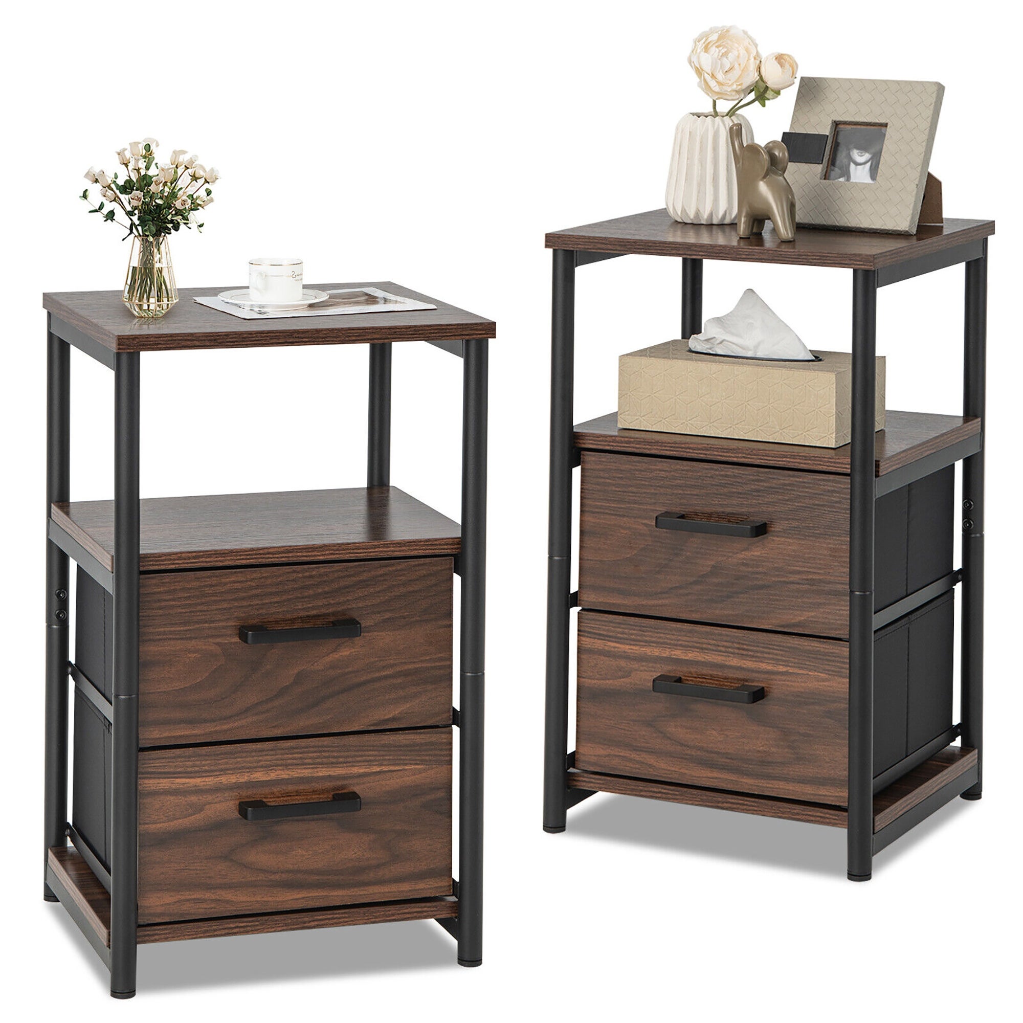 Gymax 2PCS Nightstand Bedside End Table with 2 Fabric Drawers and