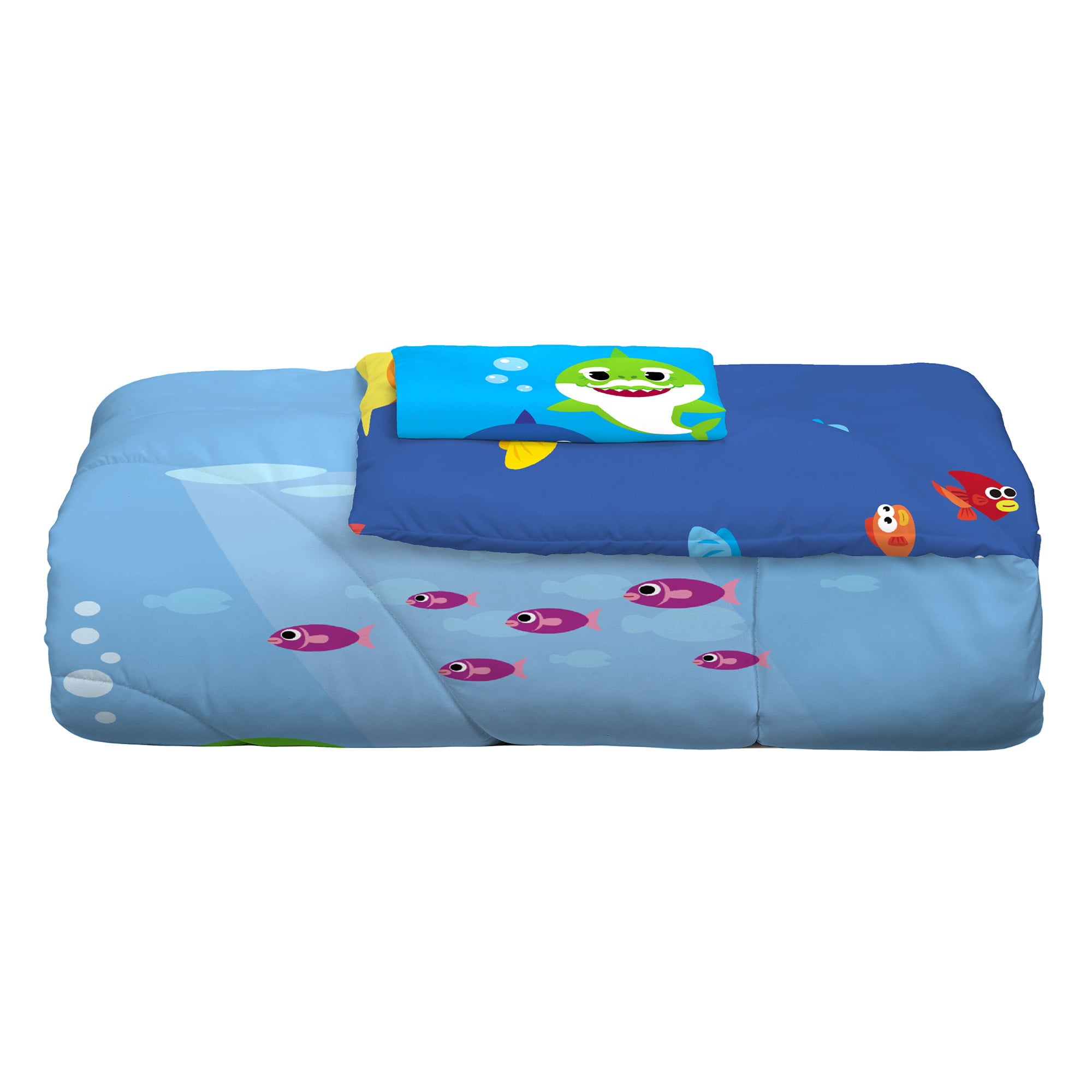 Baby Shark Kids Comforter and Sham， 2-Piece Set， Twin/Full， Reversible， Blue， Nickelodeon