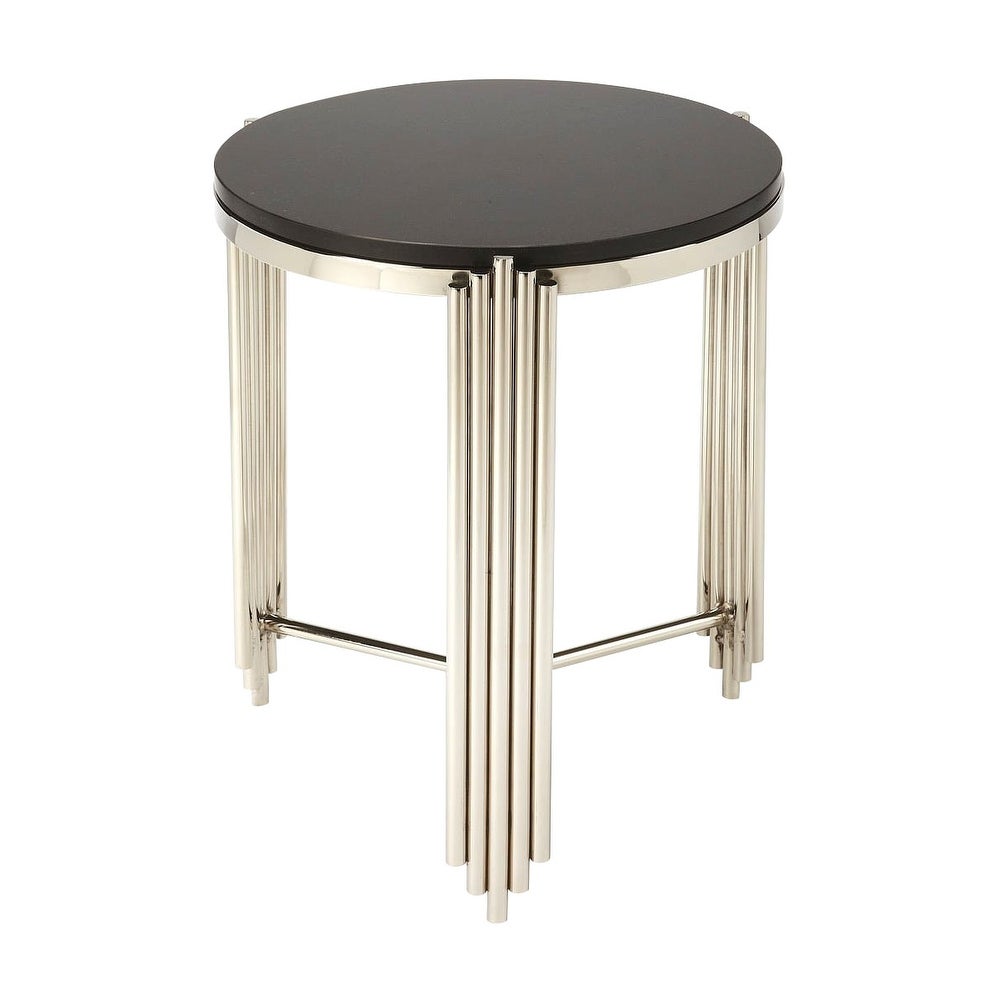 Modern Stainless Steel and Black Granite Round End Table